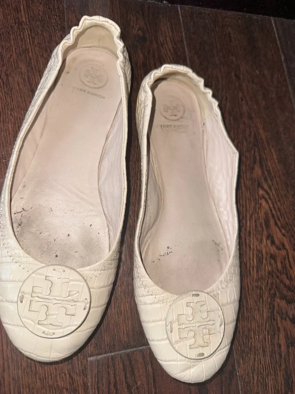 Tory Burch Minnie Travel Ballet Flats Cream Croc Embossed Leather Logo